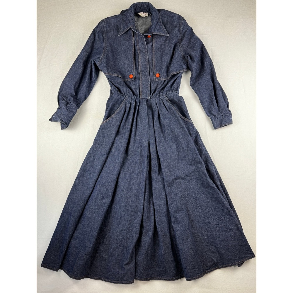 Vintage Caron Chicago Denim Midi Dress Blue Long Sleeve Quilted Collar Size 6